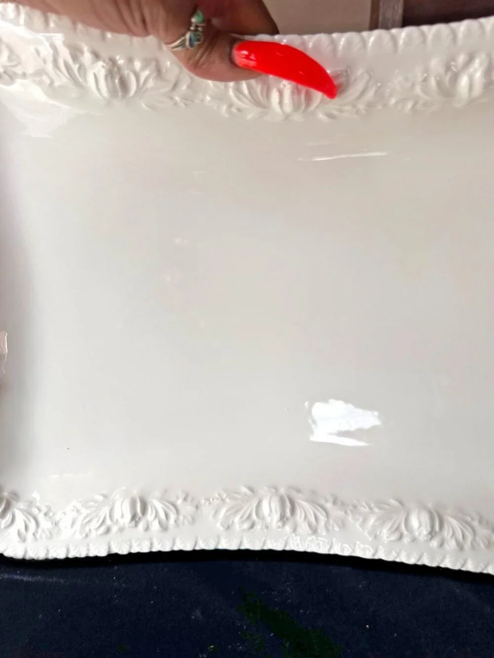 Vintage Italian White Ceramic Serving Platter 16x12 Rose Leaf Border Serveware